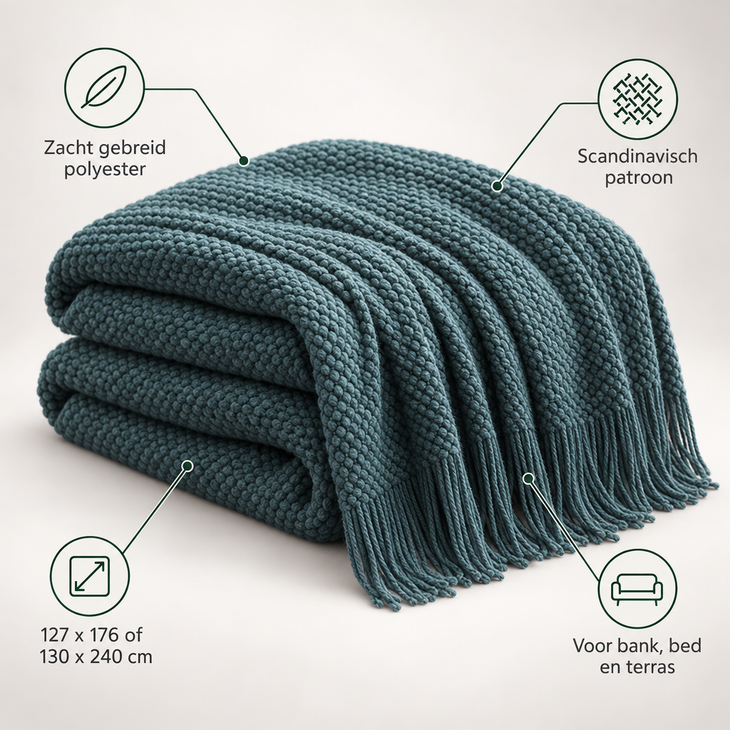 Kenmerken Noords deken: zacht gebreid polyester, Scandinavisch patroon, 127 x 176 of 130 x 240 cm, voor bank, bed en terras