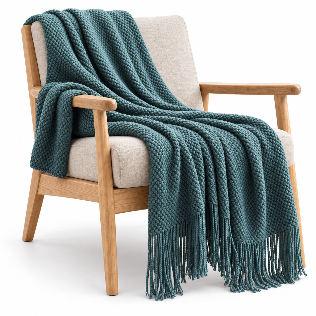 Noords gebreide deken over een houten fauteuil, studiofoto