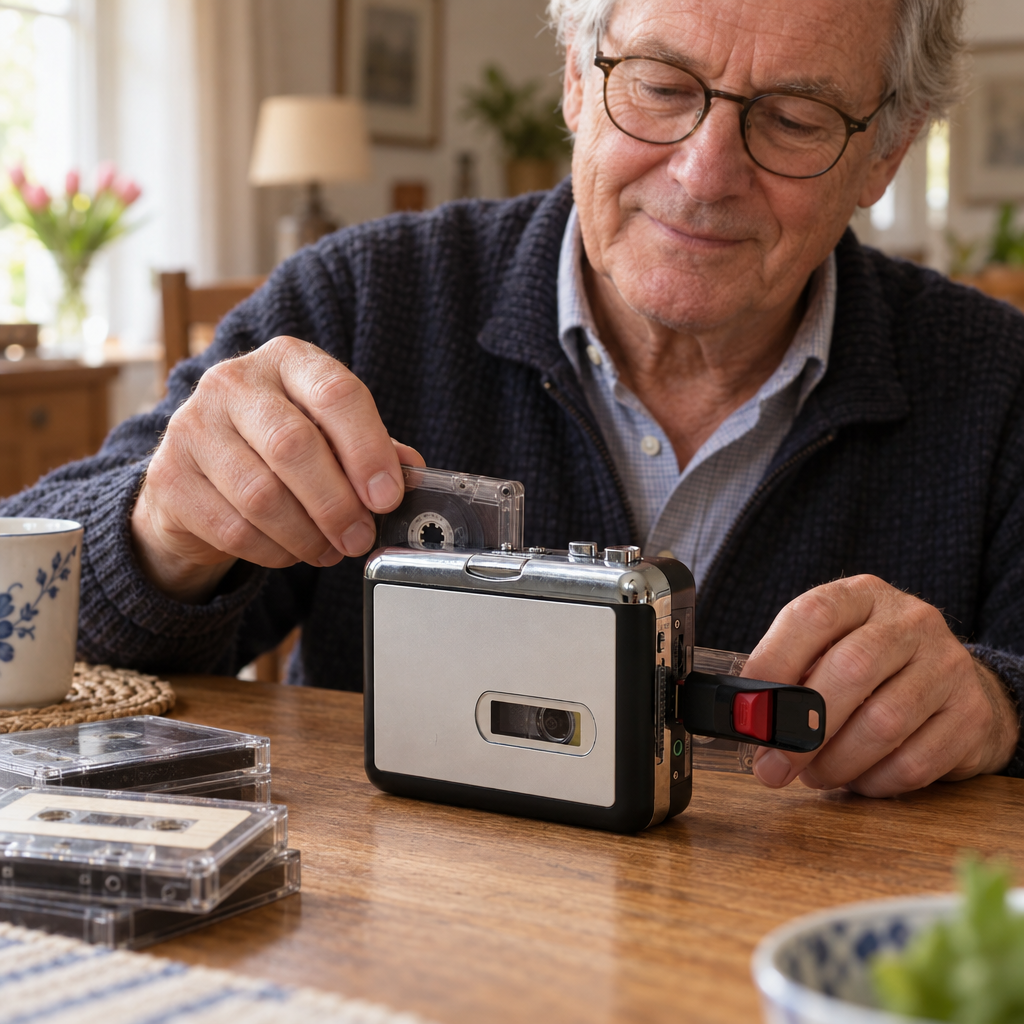 Navando cassette omzetter in gebruik aan de eettafel met oude cassettebandjes