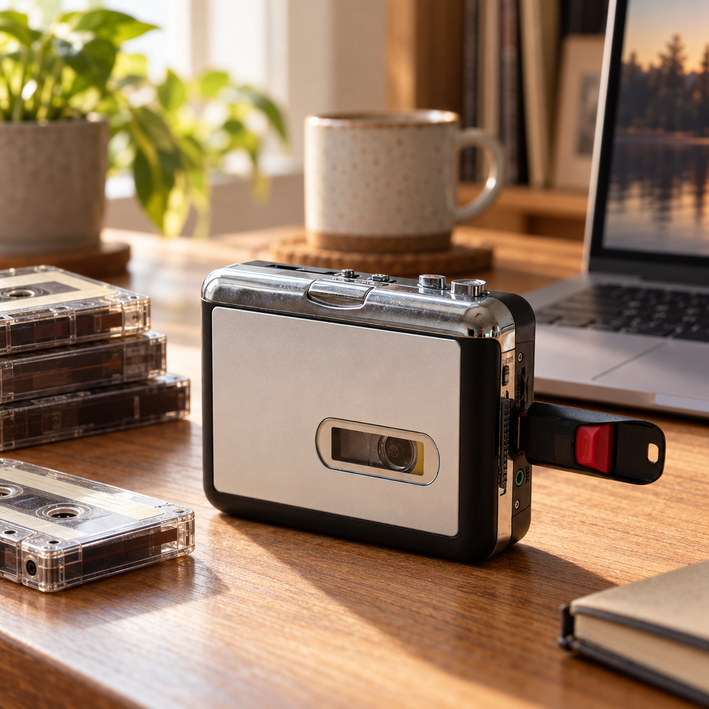 Navando cassette omzetter op tafel met cassettes en een USB-stick