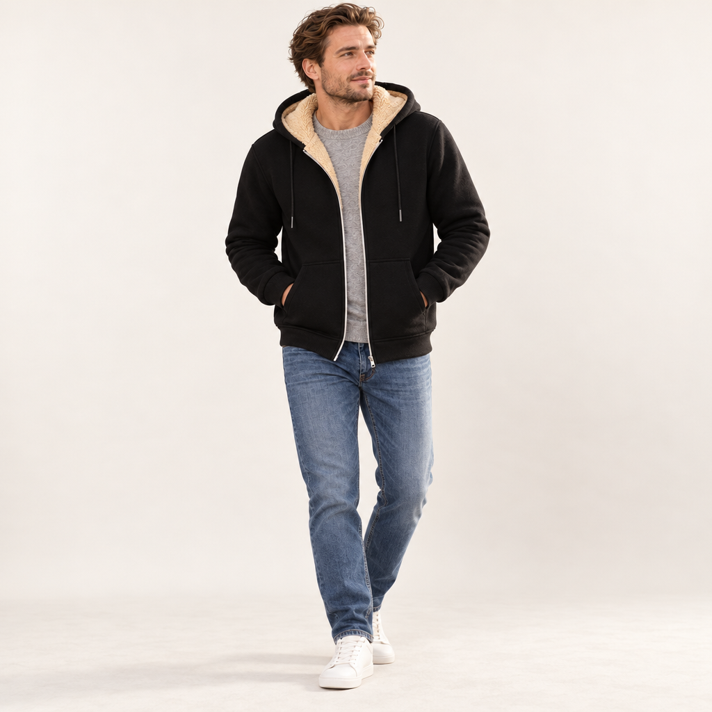 Bramwell zip hoodie op model in de studio