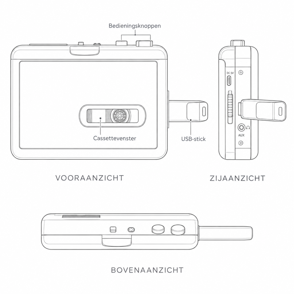Technische tekening Navando cassette omzetter in drie aanzichten
