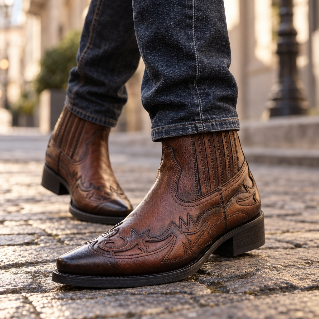 Navando western enkellaarzen gedragen met jeans op straat