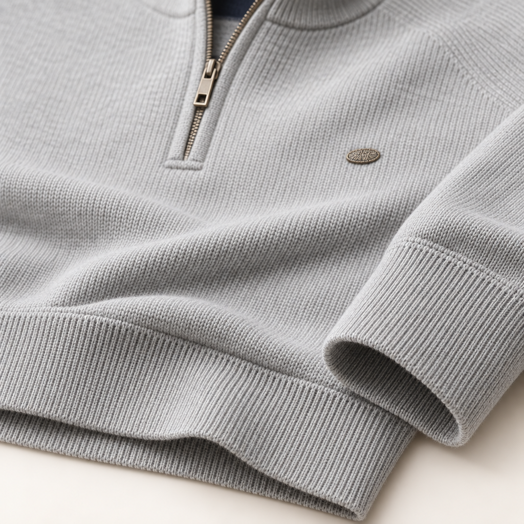 Detail van de zoom, de rits en de manchet van de Halden cardigan