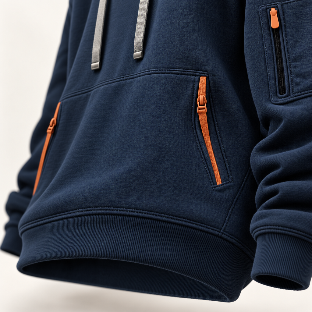 Detail van de ritszakken en de zoom van de Northbay hoodie