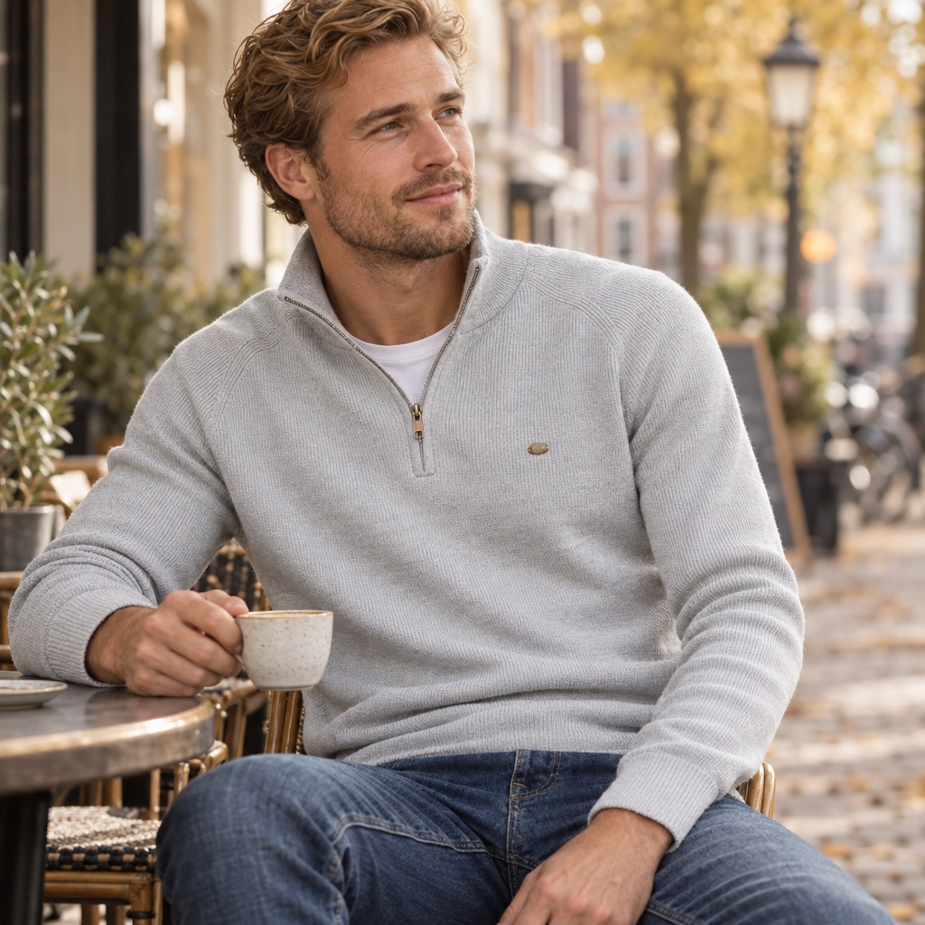 Halden cardigan gedragen over een T-shirt in de stad