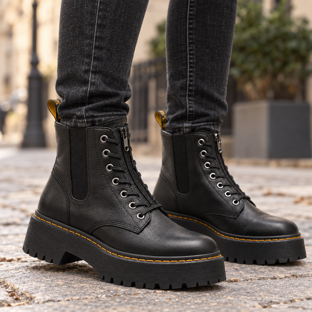 Liora laarzen met platformzool gedragen met jeans op straat