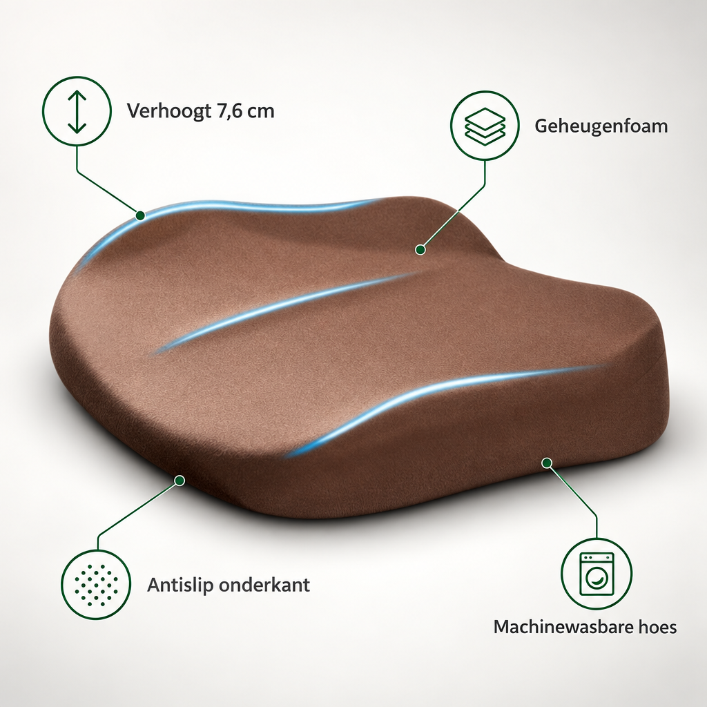 Kenmerken Elevora zitkussen: verhoogt 7,6 cm, geheugenfoam, antislip onderkant, machinewasbare hoes