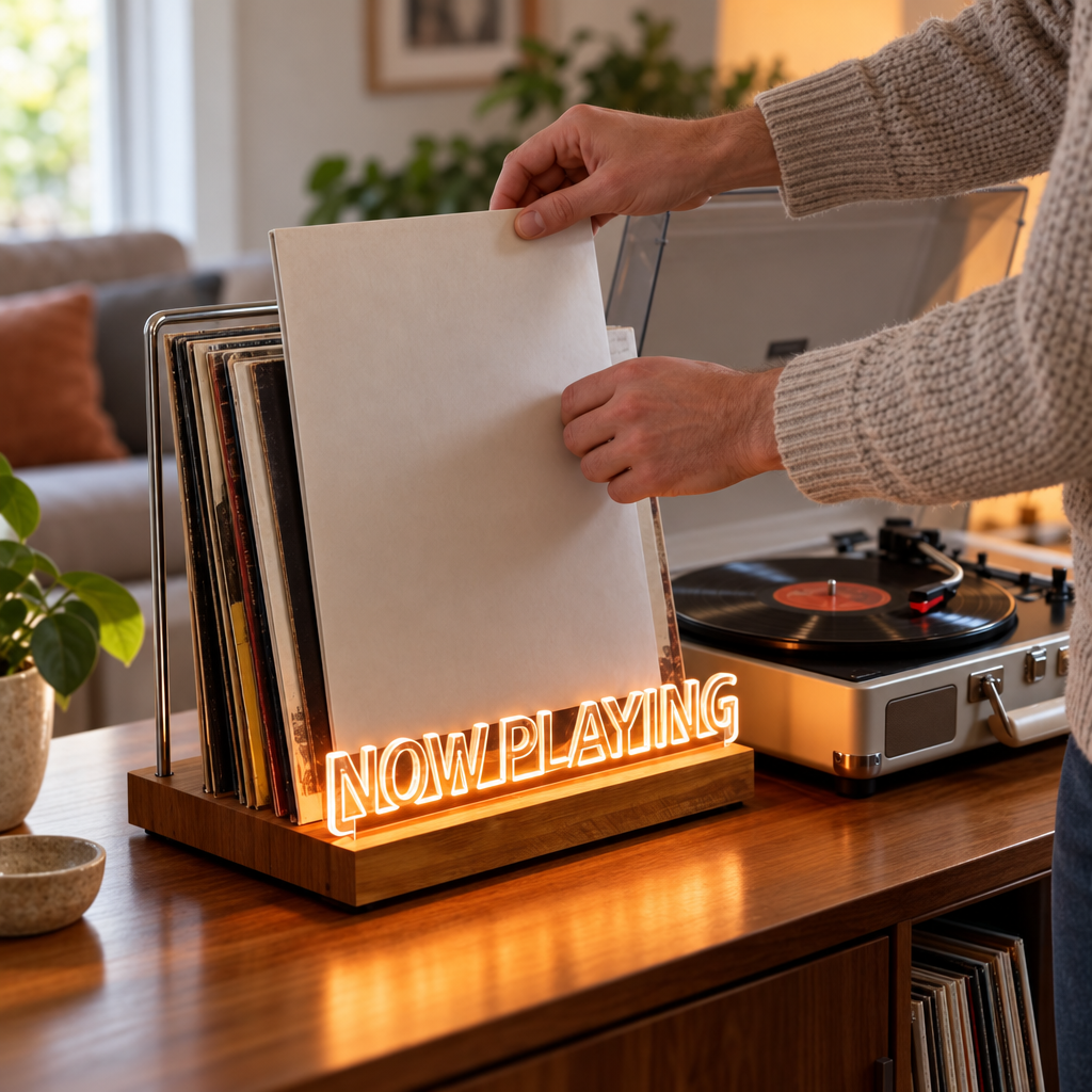 Een plaat wordt in de Vinyra platenstandaard naast de platenspeler gezet