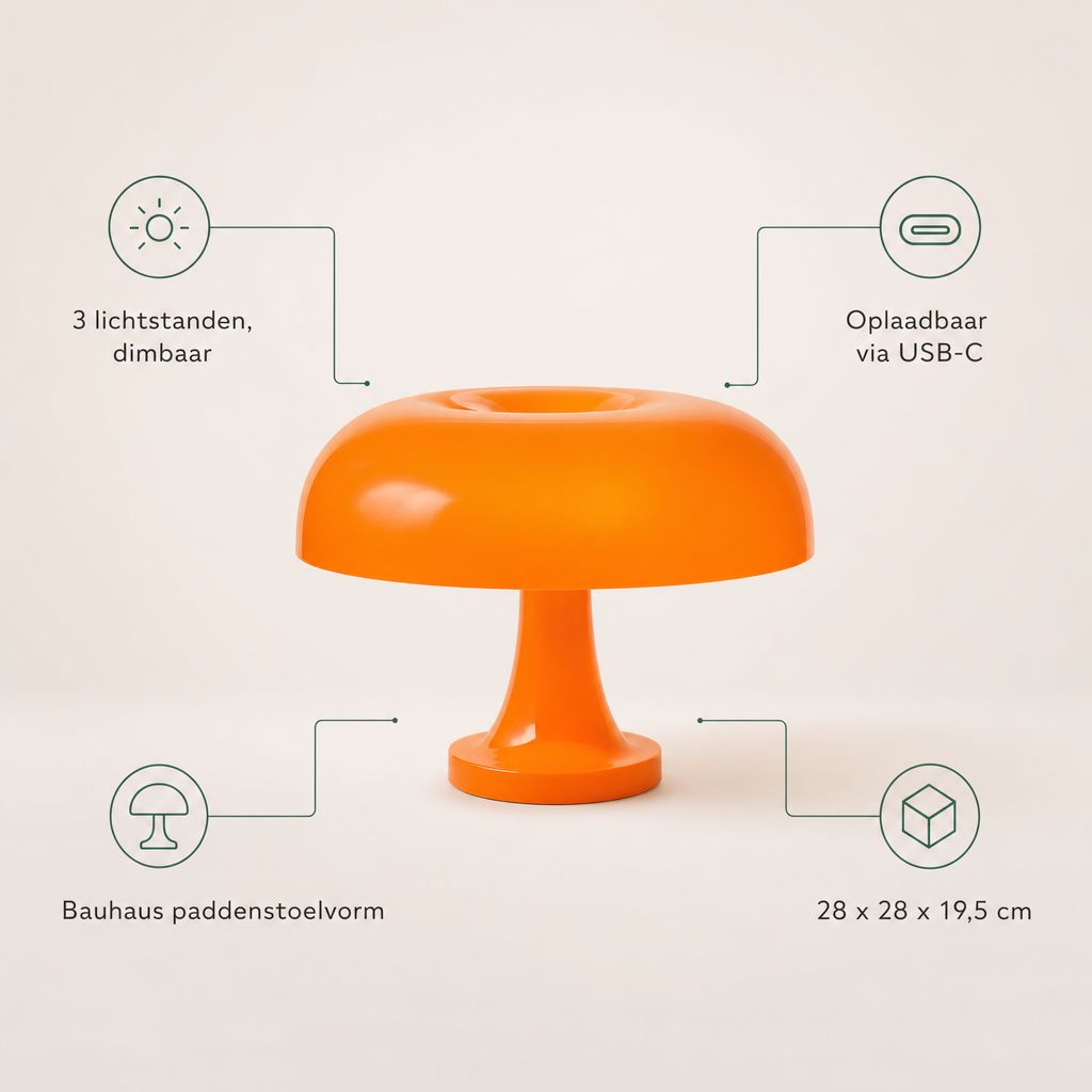 Kenmerken tafellamp: 3 lichtstanden dimbaar, oplaadbaar via USB-C, Bauhaus paddenstoelvorm, 28 x 28 x 19,5 cm