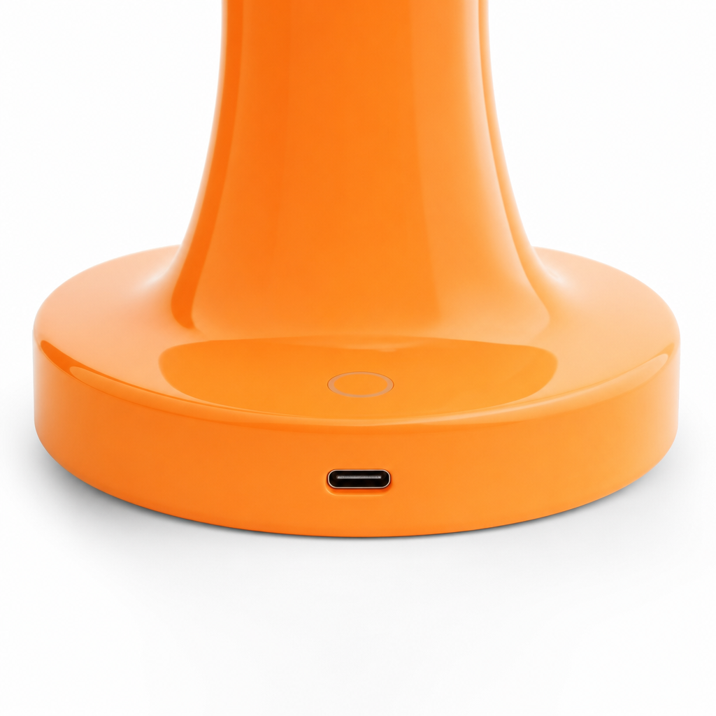 Close-up van de voet met bediening en USB-C-aansluiting