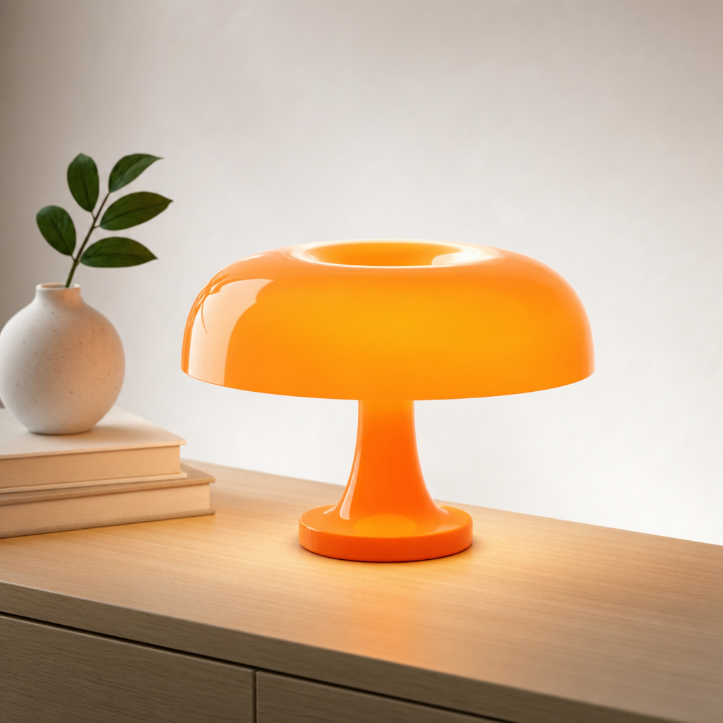 Paddenstoellamp aan met warm licht onder de kap