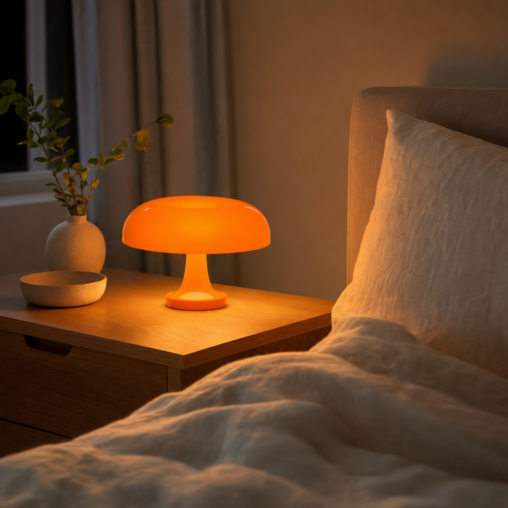 Paddenstoellamp aan op het nachtkastje in de slaapkamer