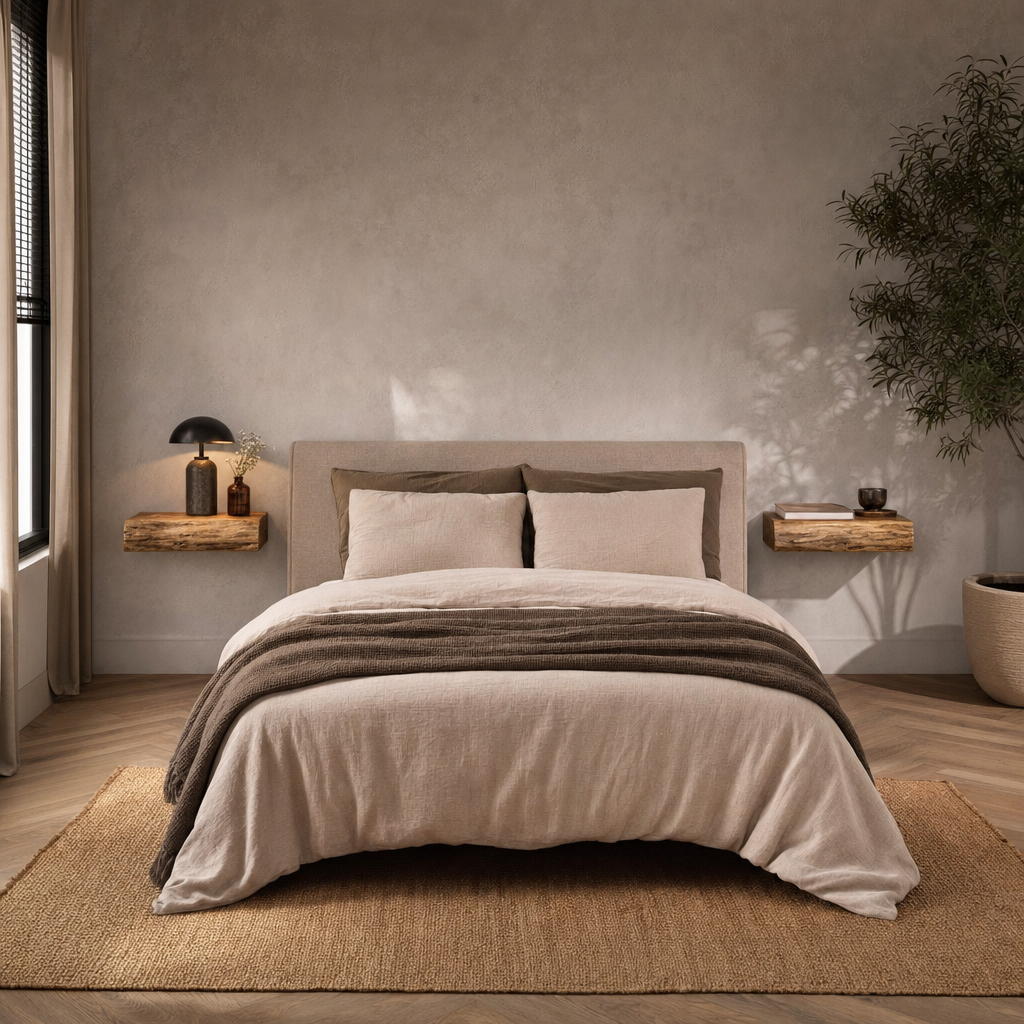 Zwevende nachtkastjes aan weerszijden van het bed in de slaapkamer