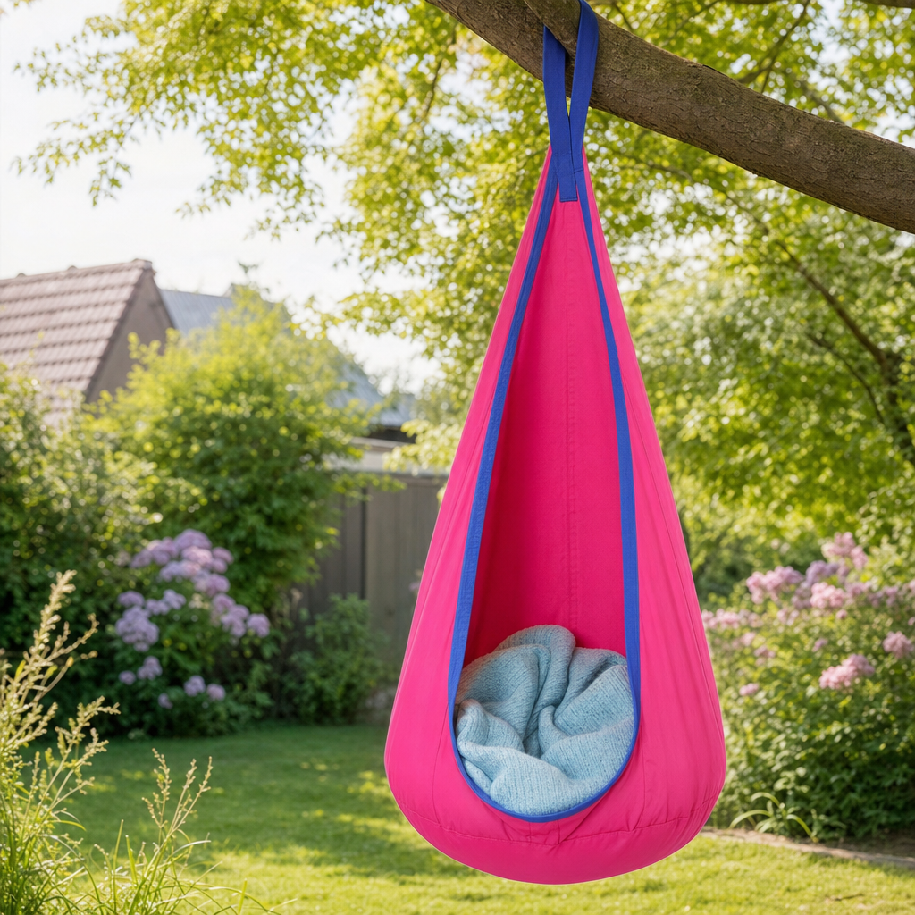 Kinderhangstoel aan een tak in de tuin