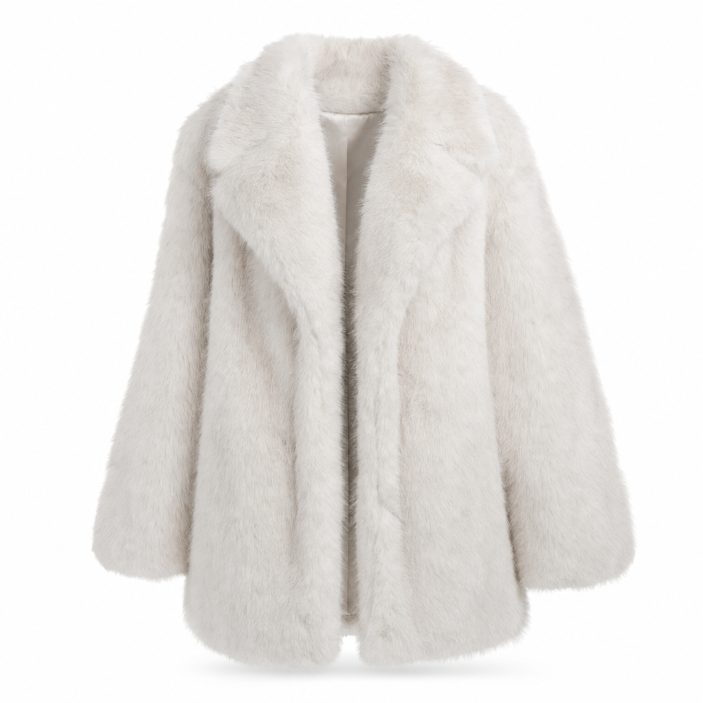 Lange oversized bontjas van imitatiebont, vooraanzicht op witte achtergrond