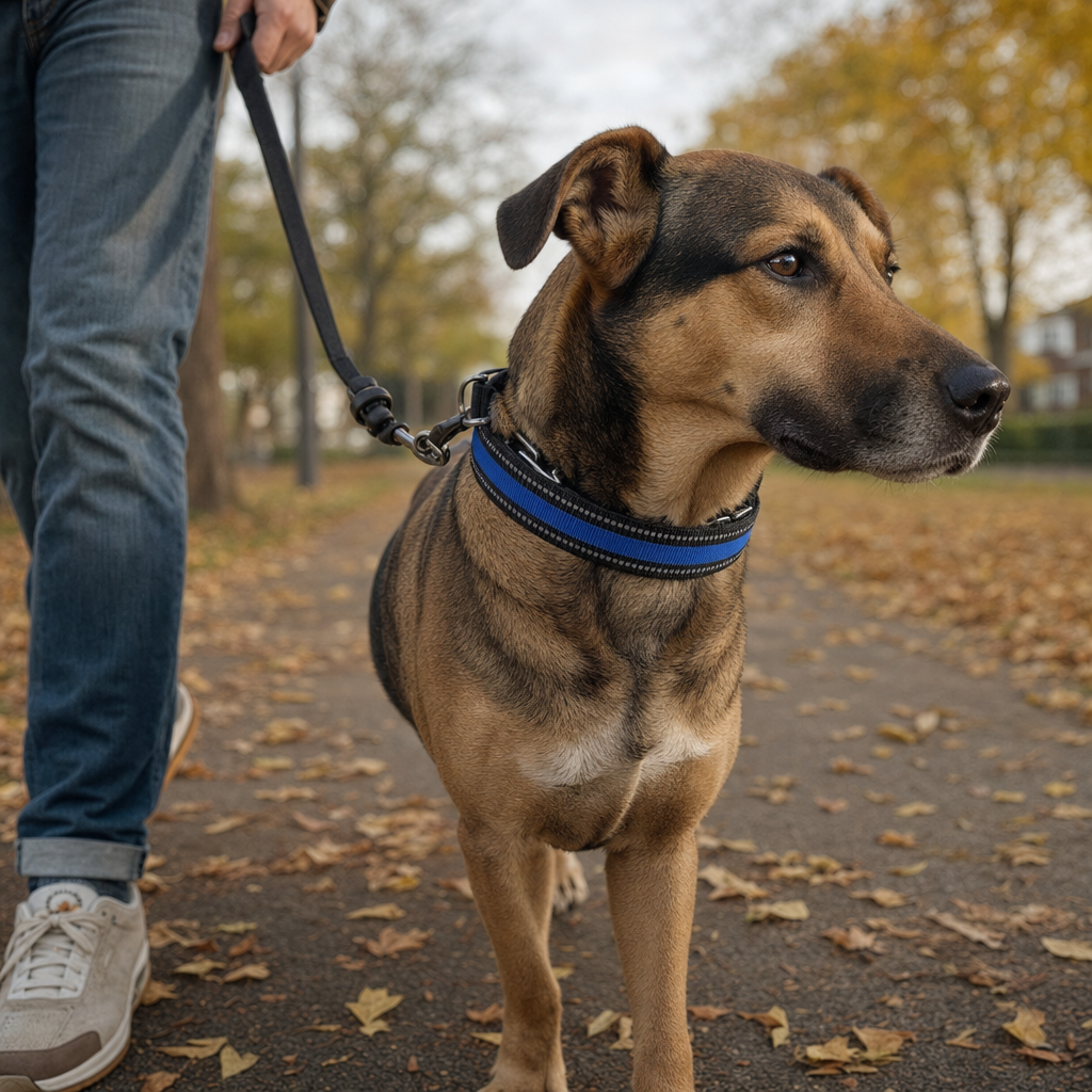Hond met trainingshalsband tijdens een wandeling in het park