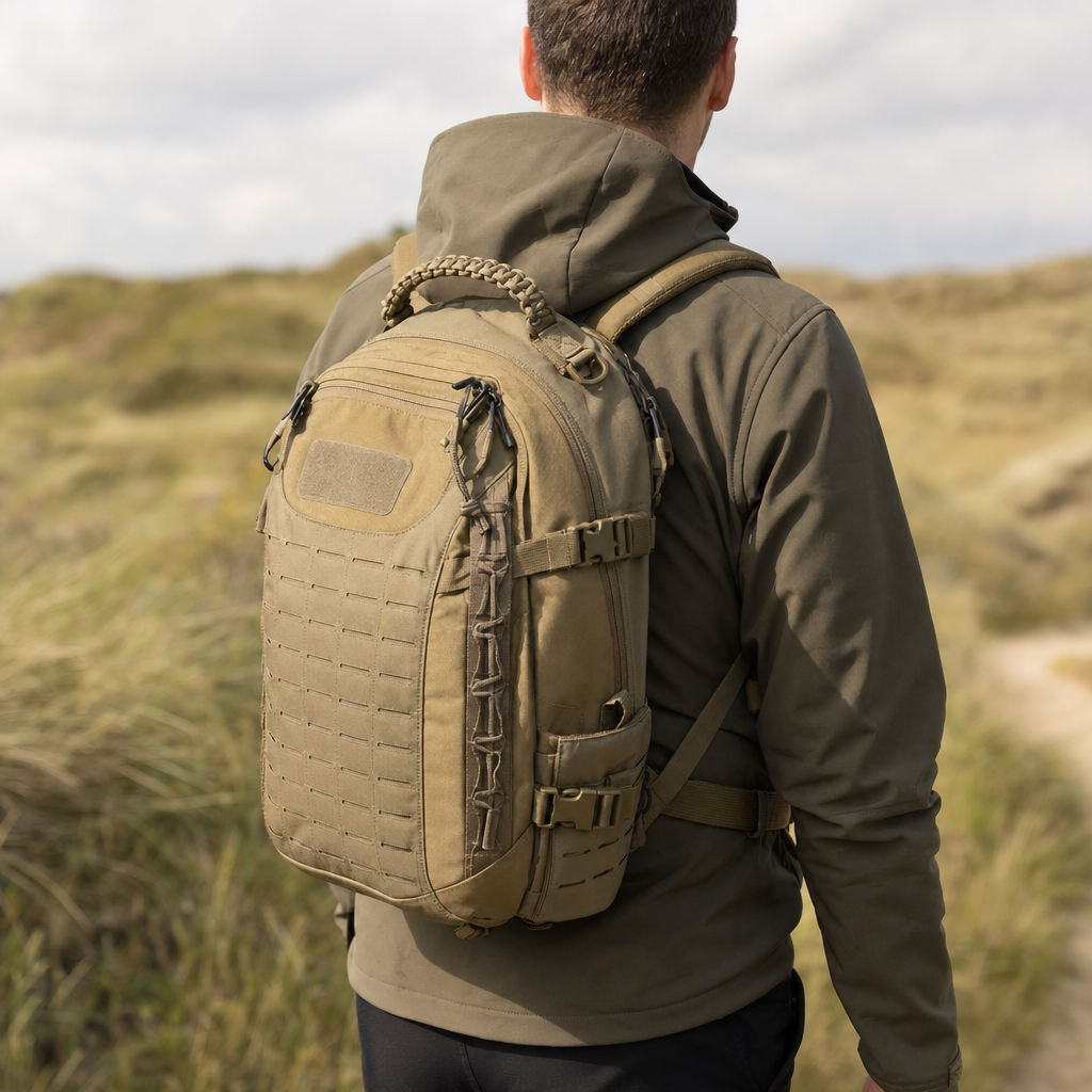 Tactische rugzak gedragen tijdens een wandeling in de duinen