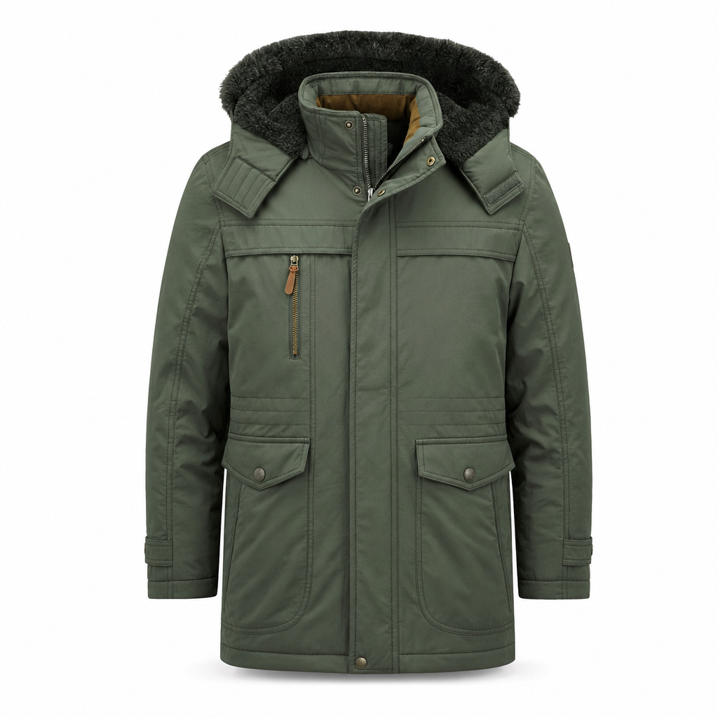 Heren winterjas met capuchon en bontrand, vooraanzicht op witte achtergrond