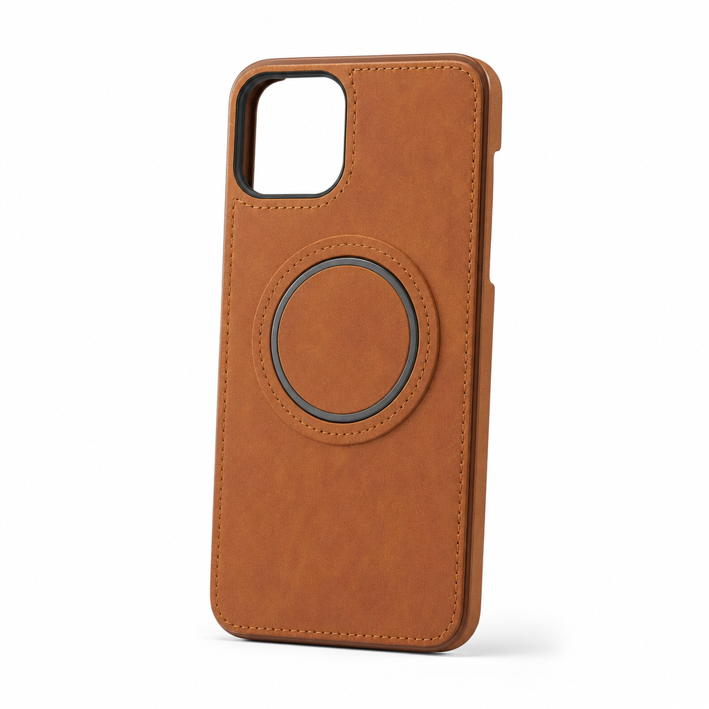 Leren iPhone-hoesje met magneetring, studiofoto op witte achtergrond