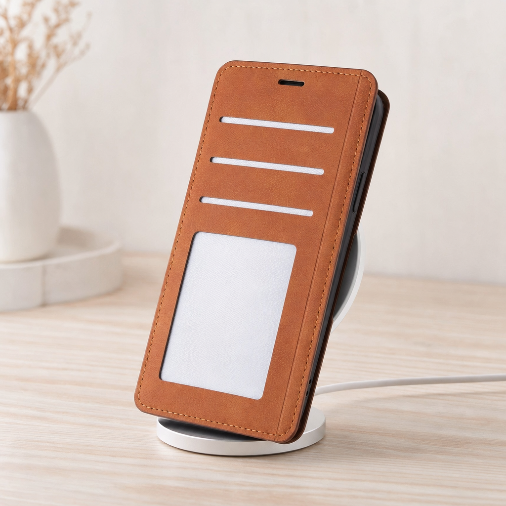 iPhone met leren hoesje op een magnetische oplader