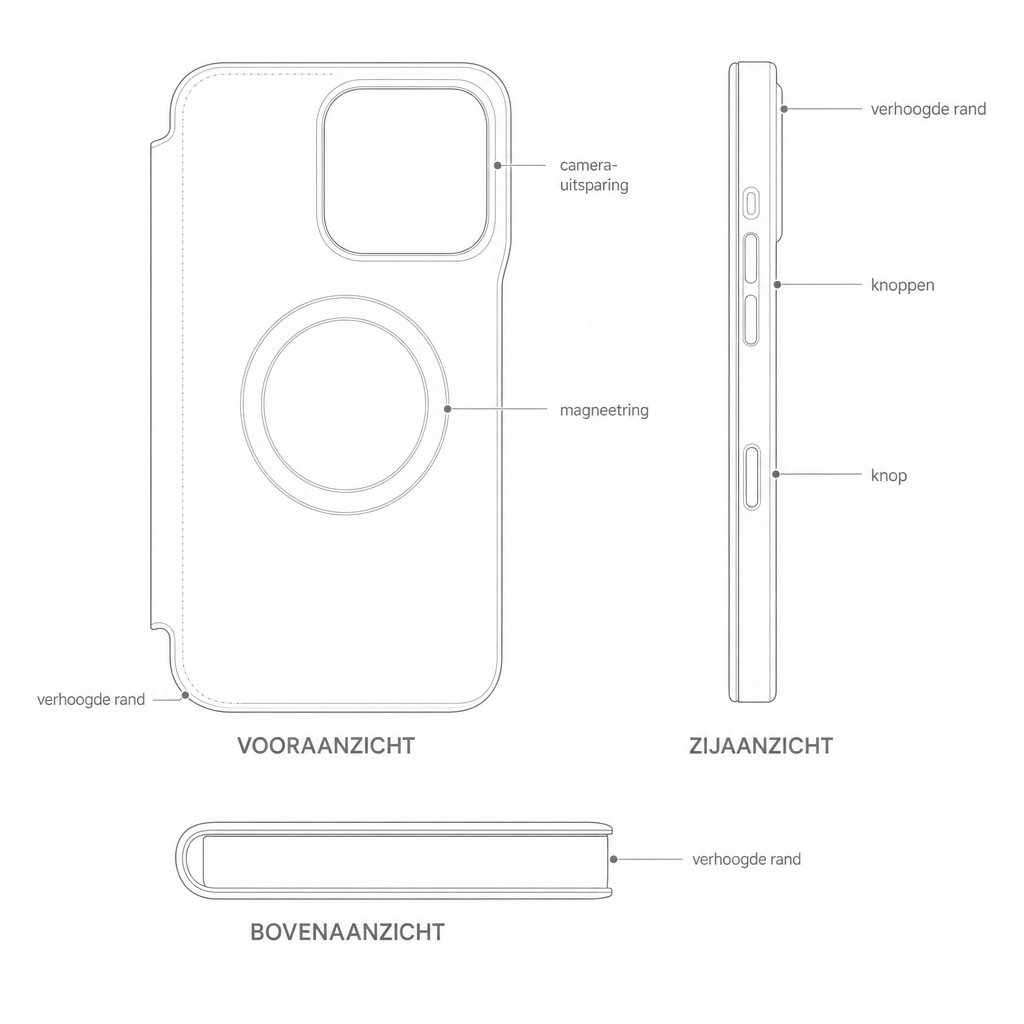 Technische tekening leren iPhone-hoesje in drie aanzichten