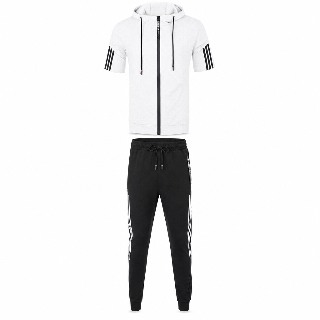 Tweedelig trainingspak voor heren, shirt en broek op witte achtergrond