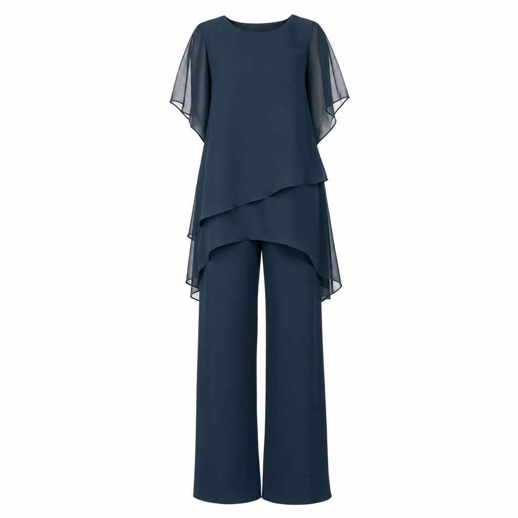 Tweedelige set met asymmetrische top en broek, vooraanzicht