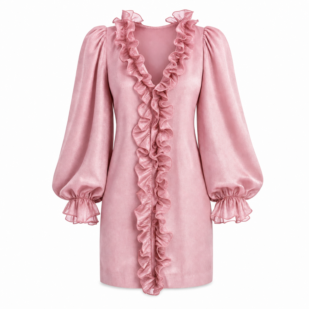 Elegante mini-jurk met ruches en pofmouwen in roze