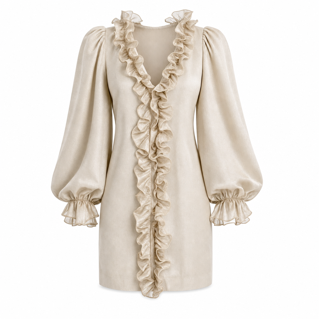 Elegante mini-jurk met ruches en pofmouwen in beige