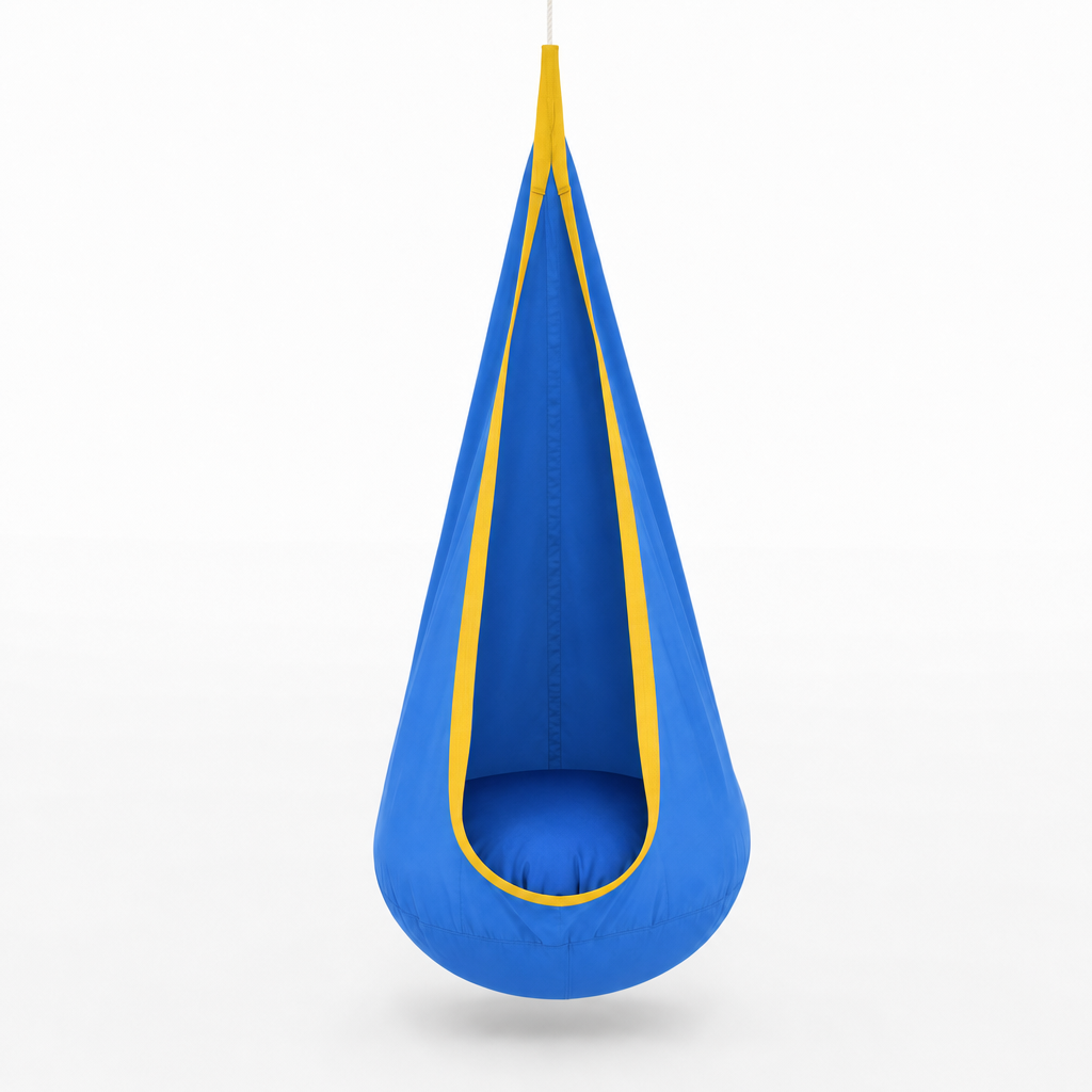Kinderhangstoel van parachutestof in blauw/geel