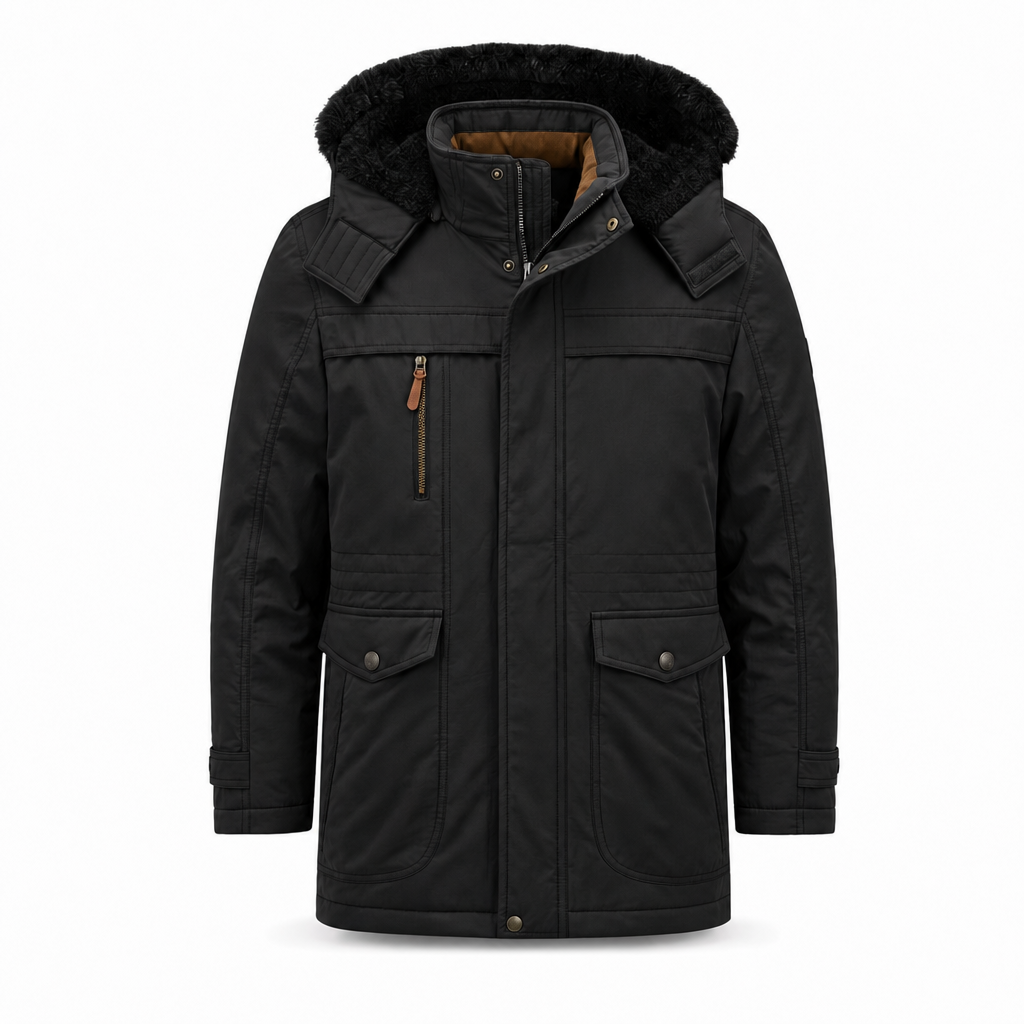Heren winterjas met capuchon en bontrand in zwart