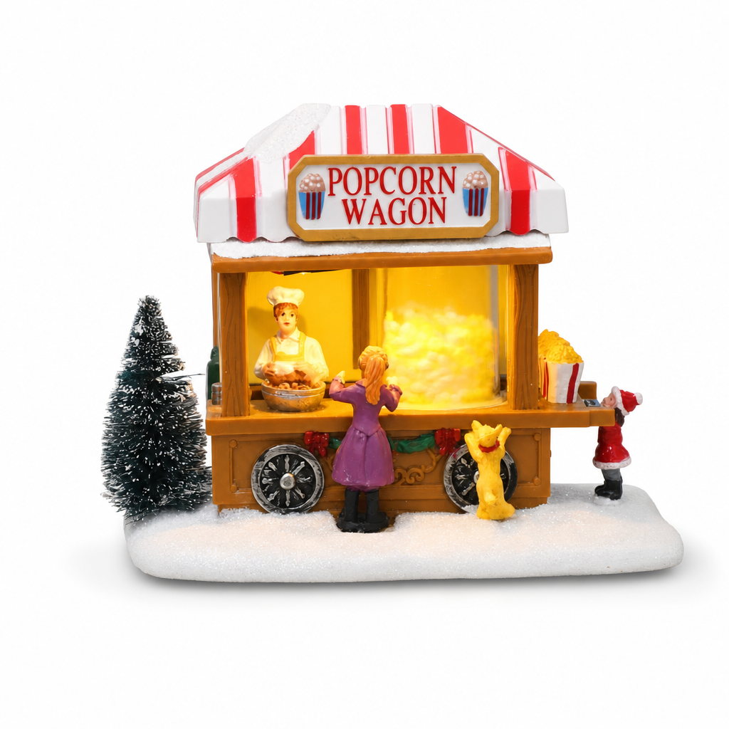 Kerstmarktkraam popcornwagen met LED-verlichting, studiofoto op witte achtergrond