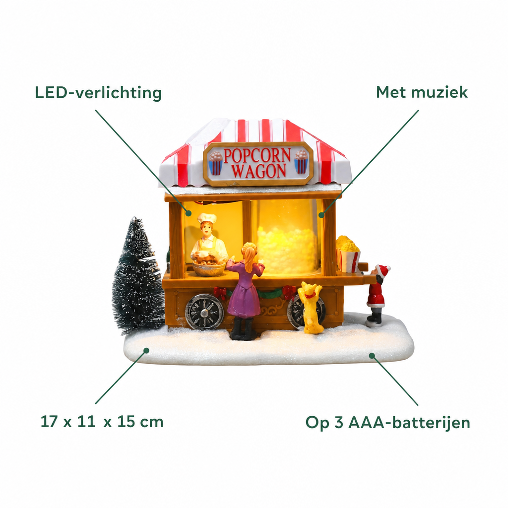 Kenmerken kerstmarktkraam: LED-verlichting, met muziek, 17 x 11 x 15 cm, op 3 AAA-batterijen
