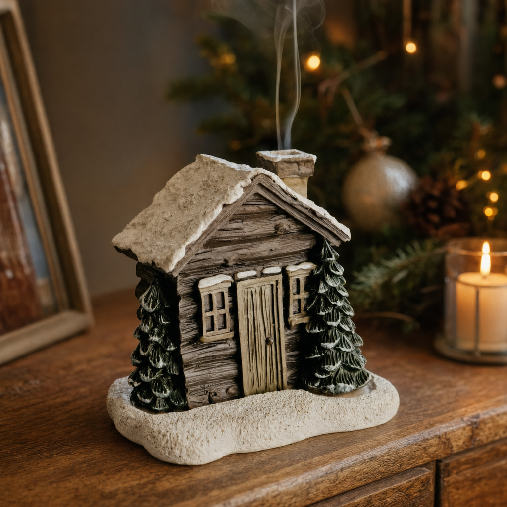 Winterhuisje wierookhouder op een dressoir met rook uit de schoorsteen