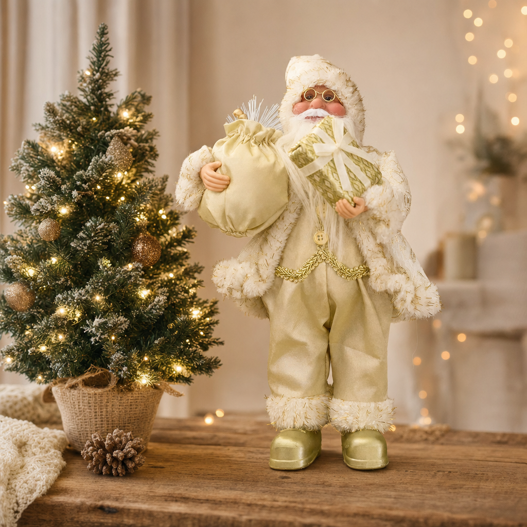 Kerstman met cadeau in goud naast een kerstboompje