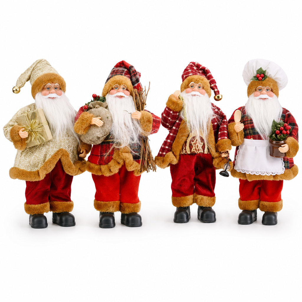 Vier kerstman decoratiepoppen naast elkaar, studiofoto op witte achtergrond