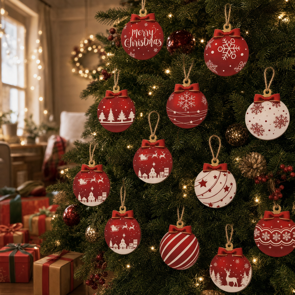 Houten kersthangers in een versierde kerstboom