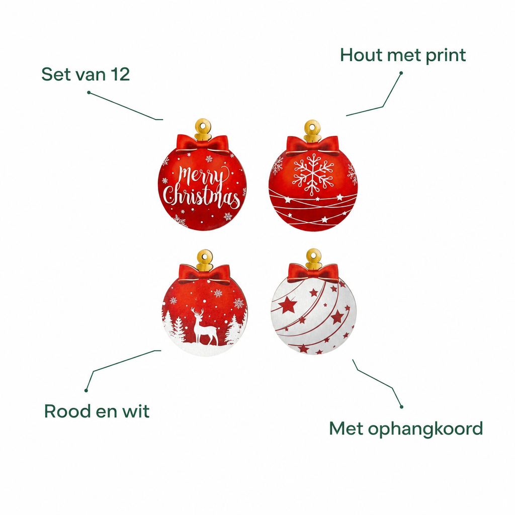 Kenmerken houten kersthangers: set van 12, hout met print, rood en wit, met ophangkoord