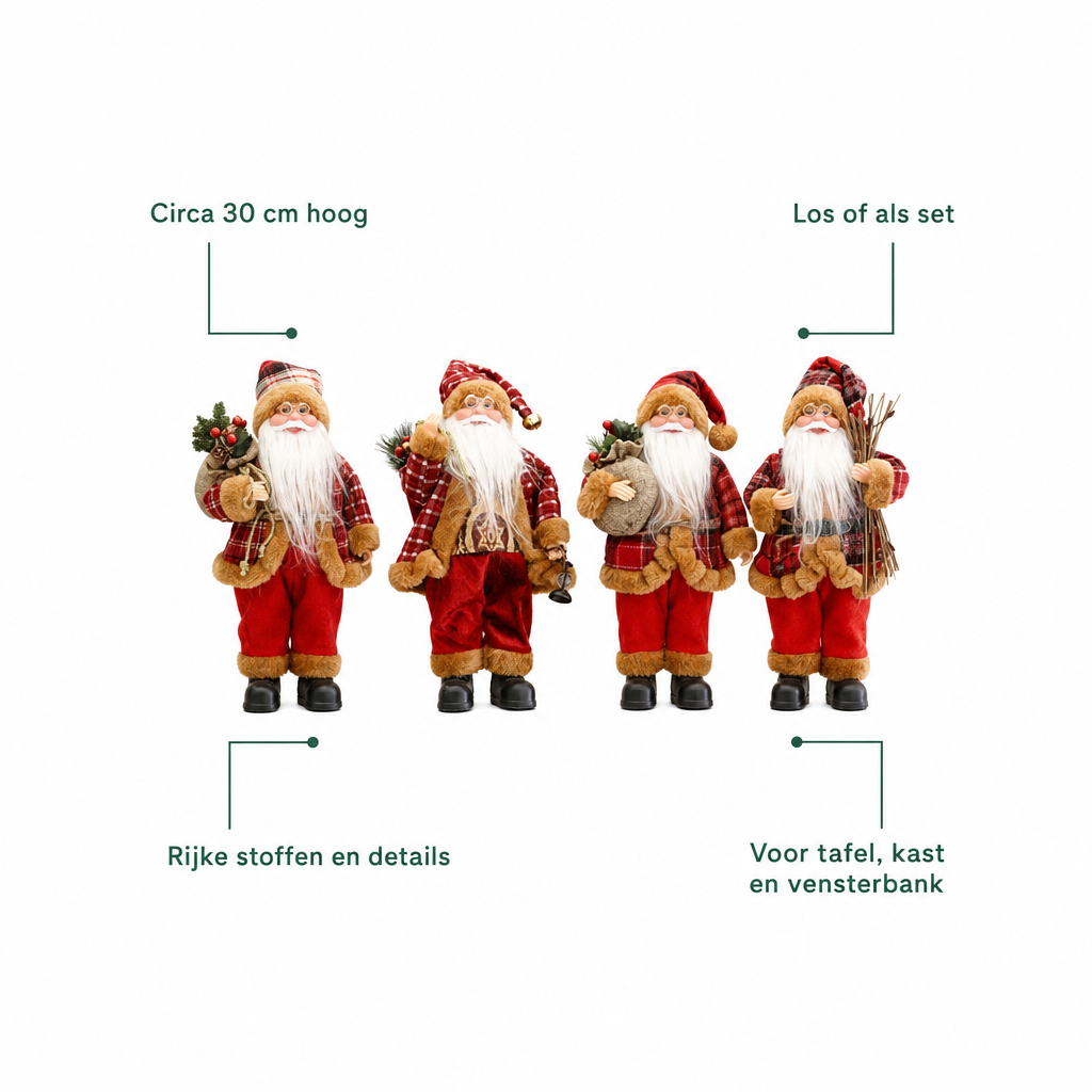 Kenmerken kerstman decoratiepop: circa 30 cm hoog, los of als set, rijke stoffen en details, voor tafel, kast en vensterbank