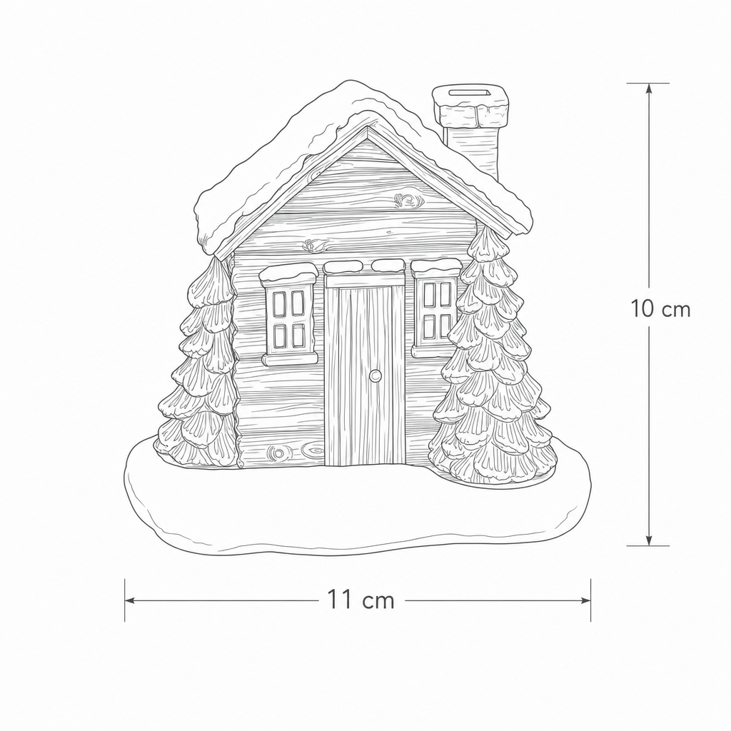 Technische tekening winterhuisje wierookhouder met afmetingen