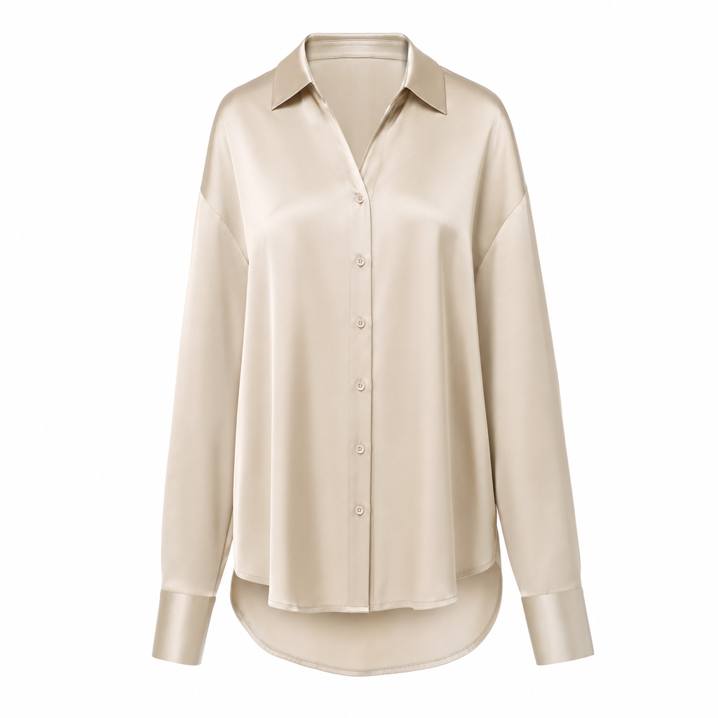 Satijnen blouse in beige, vooraanzicht