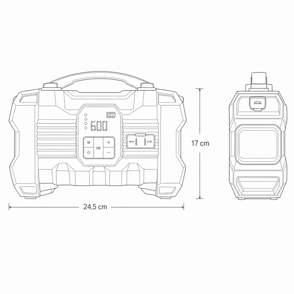 Technische tekening jumpstarter met afmetingen