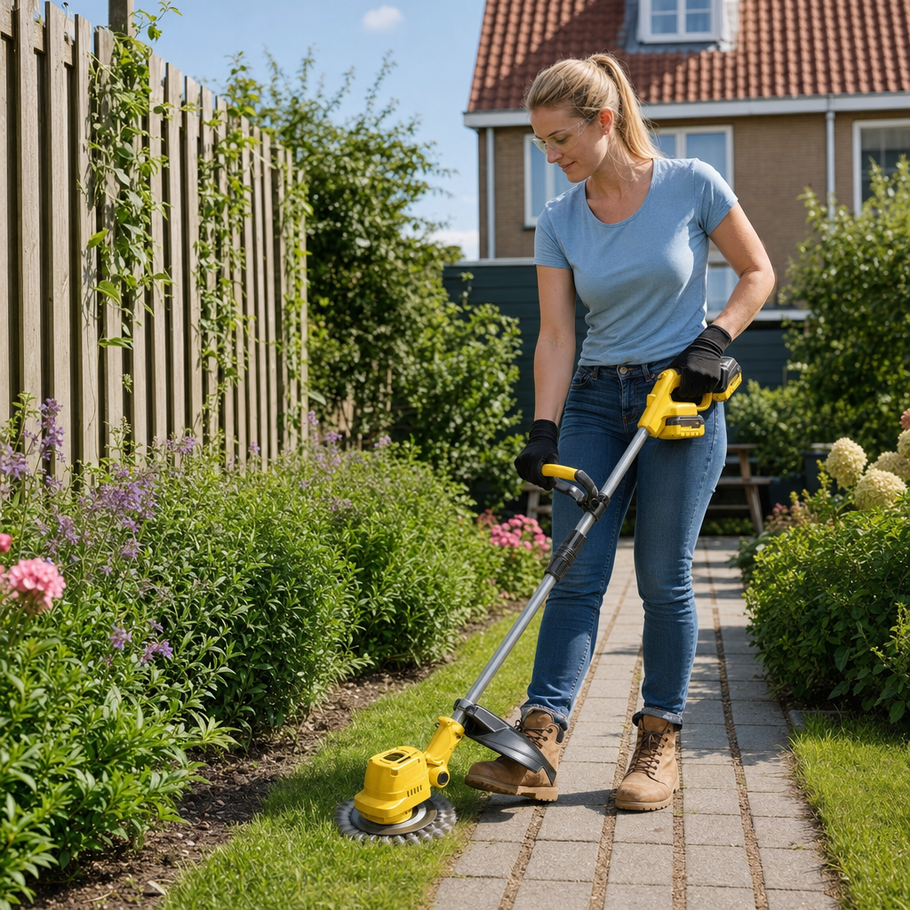 Grastrimmer in gebruik langs het tuinpad