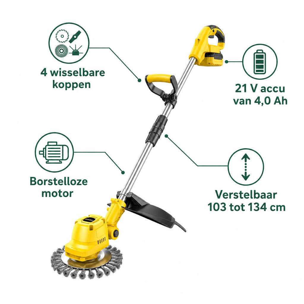 Kenmerken grastrimmer: 4 wisselbare koppen, borstelloze motor, 21 V accu van 4,0 Ah, verstelbaar 103 tot 134 cm