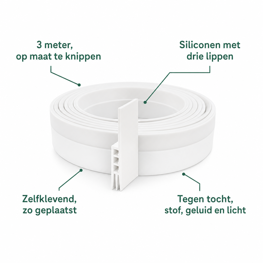 Kenmerken tochtstrip: 3 meter op maat te knippen, siliconen met drie lippen, zelfklevend, tegen tocht, stof, geluid en licht