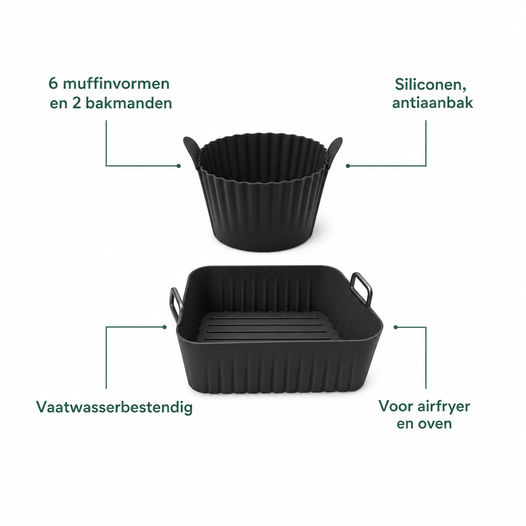 Kenmerken airfryer set: 6 muffinvormen en 2 bakmanden, siliconen antiaanbak, vaatwasserbestendig, voor airfryer en oven