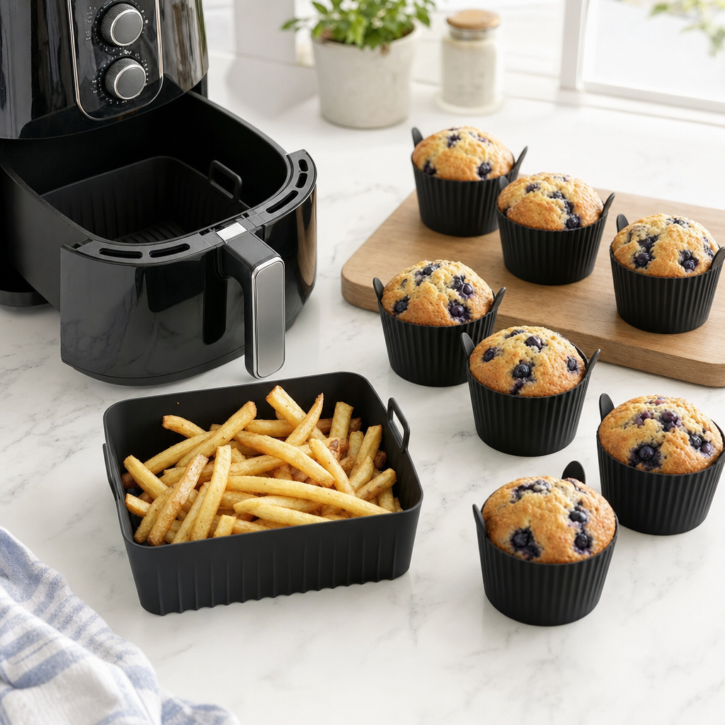 Siliconen muffinvormen met muffins en bakmand met friet naast de airfryer