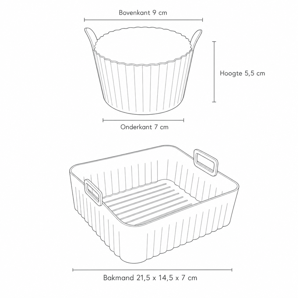 Technische tekening muffinvorm 9 cm en bakmand 21,5 x 14,5 x 7 cm