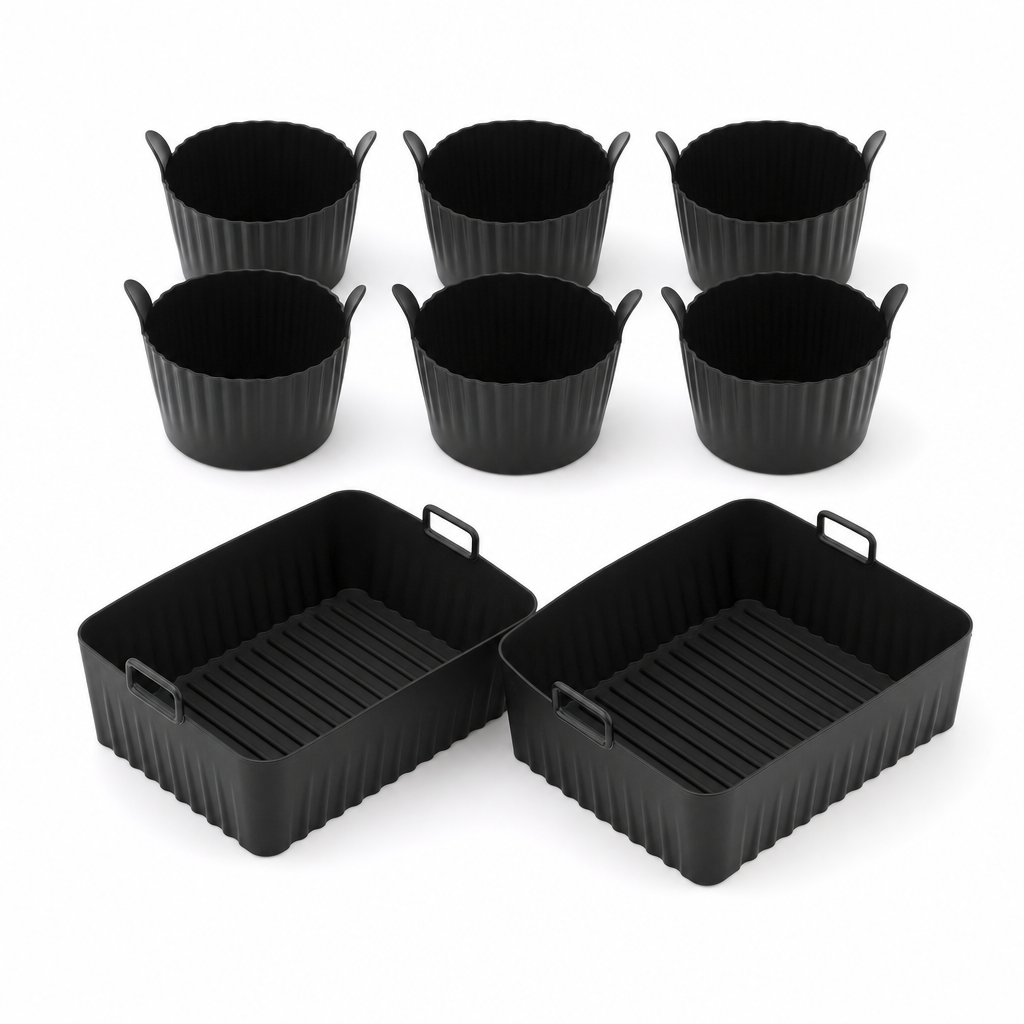Siliconen airfryer set met 6 muffinvormen en 2 bakmanden, studiofoto op witte achtergrond